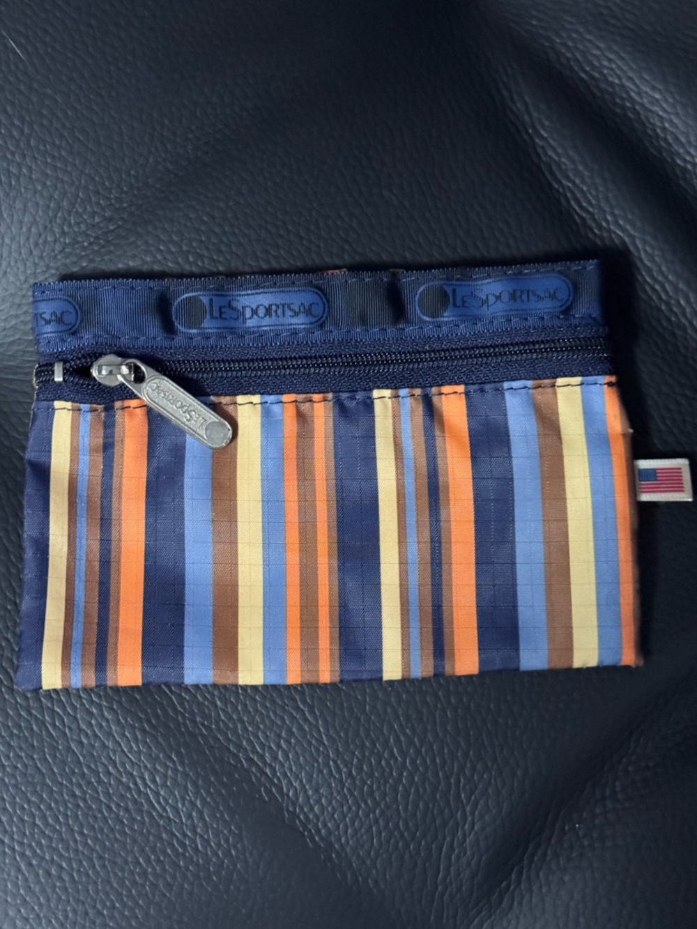 LeSportsac 90s vintage navy orange stripe zipper wallet small pouch 6.5x4.5 NEW